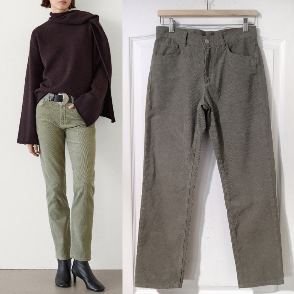 Massimo Dutti Olive Green Straight-Leg Corduroy Pants